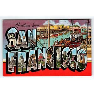 Greetings From San Francisco California Wharf 1940's Large Letter Linen Postcard